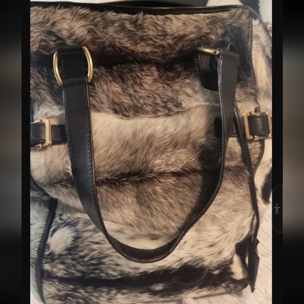 Yves Saint Laurent Faux Fur Tote Bag in Black and Gray with Gold Hardware
